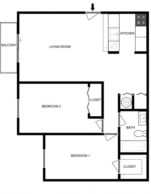 Floor plan for 2 beds, 1 bath, 850 sqft